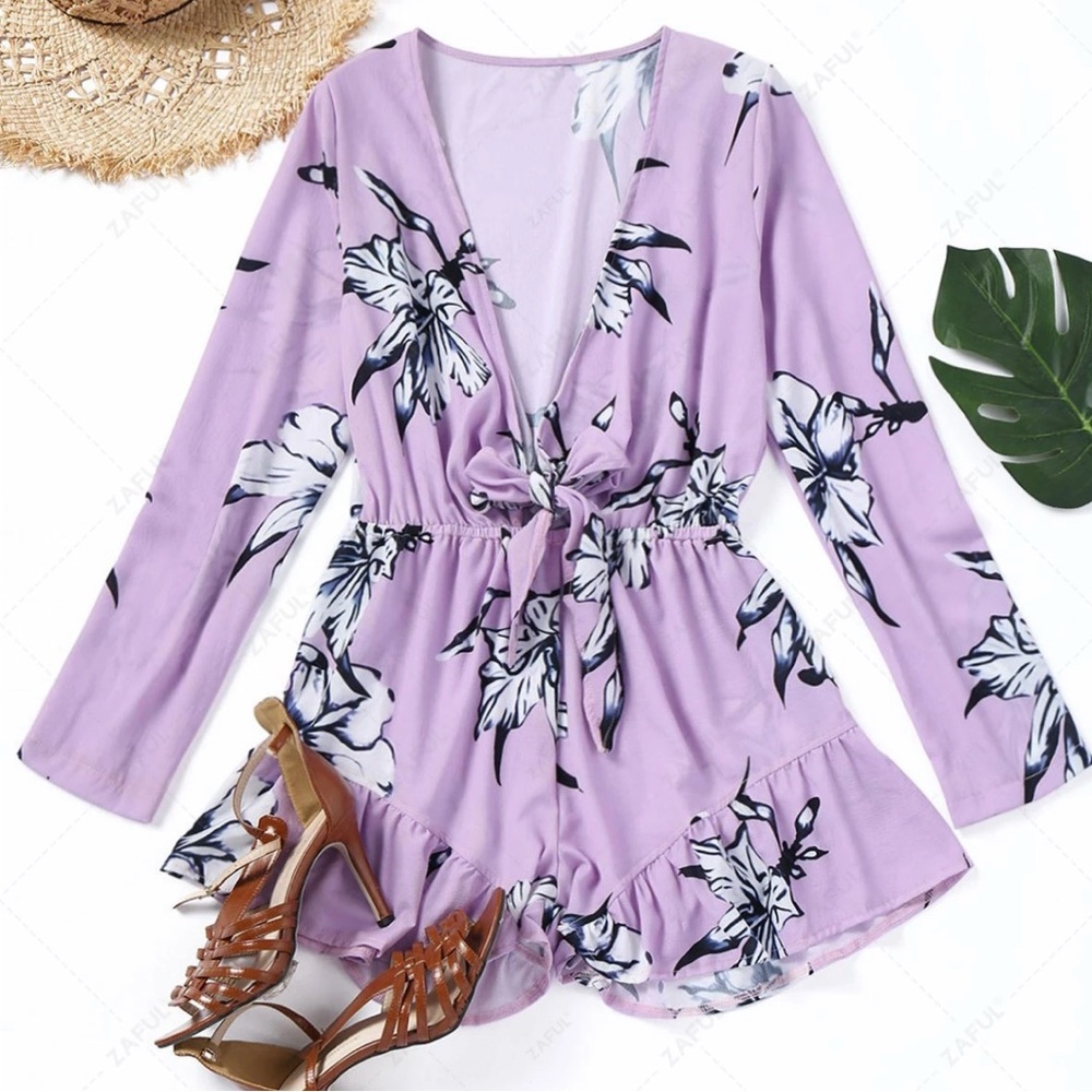 Zaful Light Purple Floral Bow Tied Ruffle Hem Romper